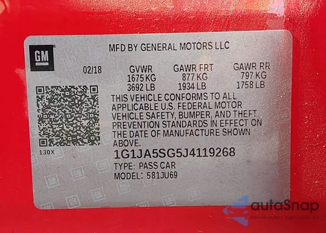 2018 Chevrolet Sonic Ls Manual z USA, uszkodzony, nr VIN 1G1JA5SG5J4119268